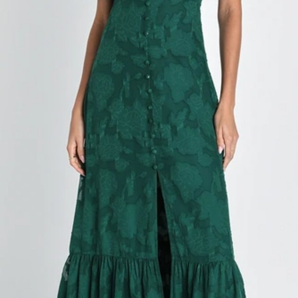 Emerald Green Floral Jacquard Midi Dress - Picture 3 of 3